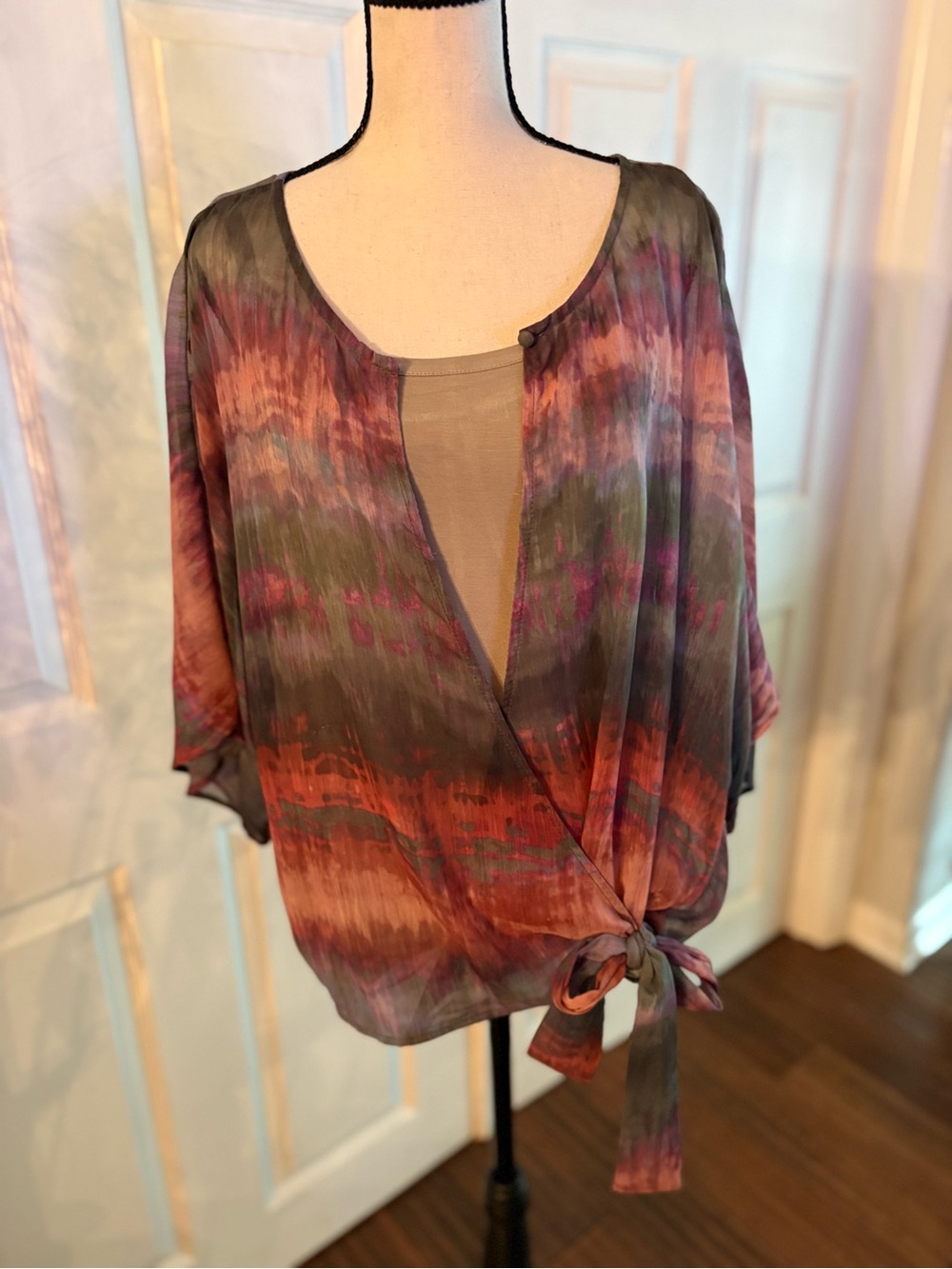 Democracy Tie-Front Blouse in Pink, Green and Brown Wash